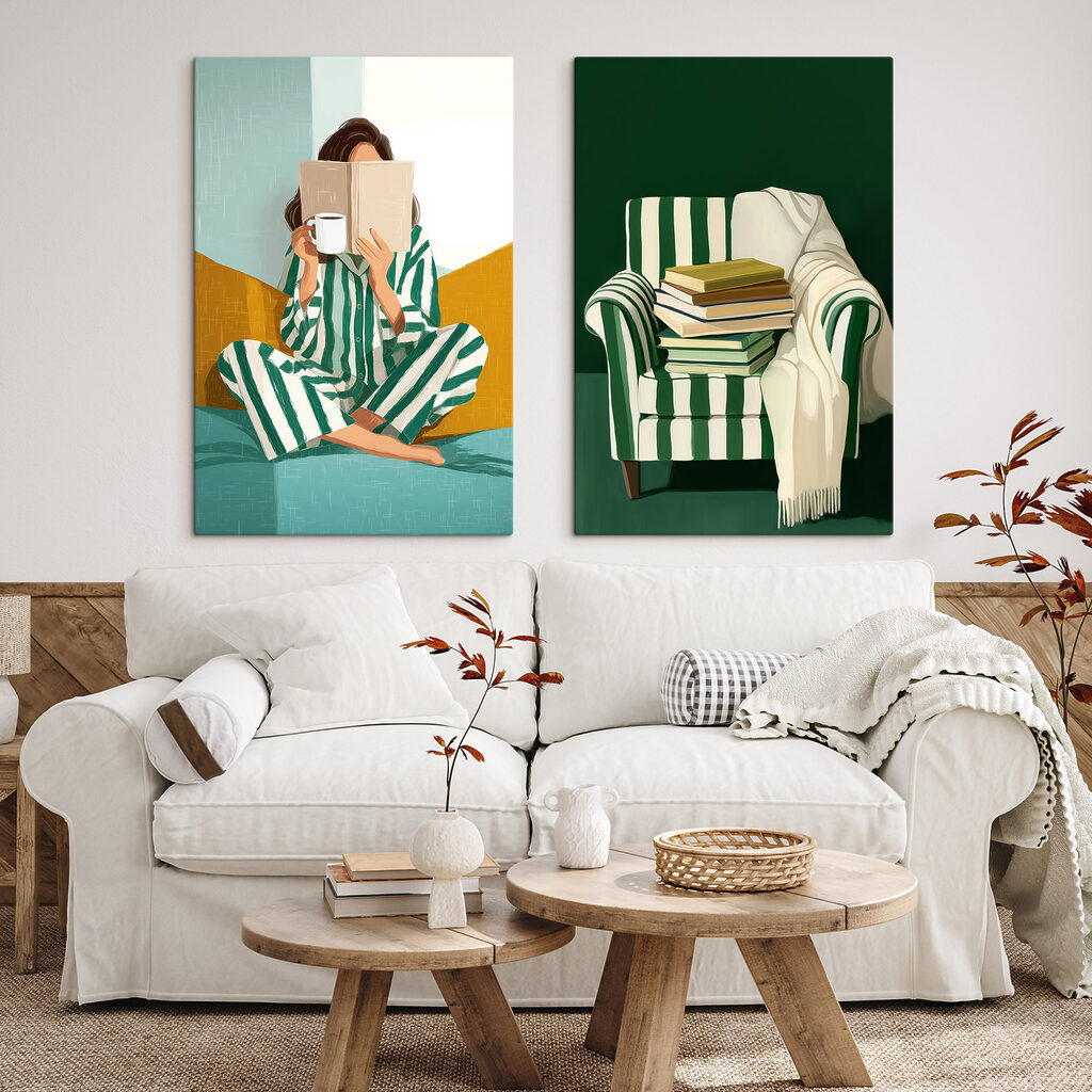 Woman in pajamas reading a book and a pile of books Woman in pajamas reading a book and a pile of books