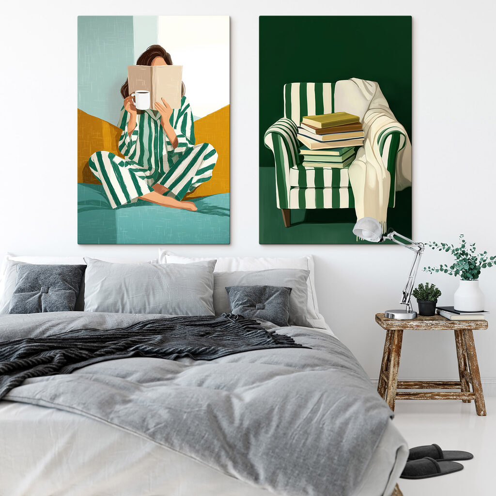 Woman in pajamas reading a book and a pile of books Woman in pajamas reading a book and a pile of books