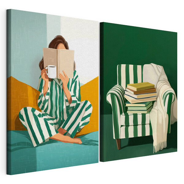 Жінка в піжамі, яка читає книгу, та стос книг Модульний друк на полотні Жінка в піжамі, яка читає книгу, та стос книг