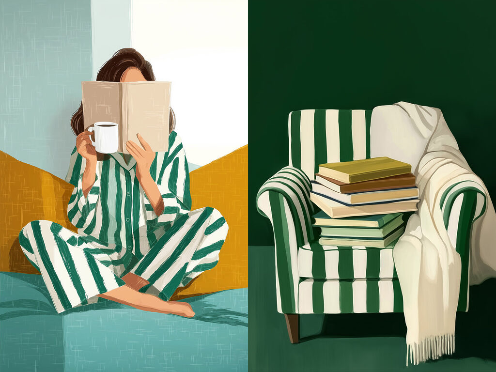 Woman in pajamas reading a book and a pile of books Woman in pajamas reading a book and a pile of books