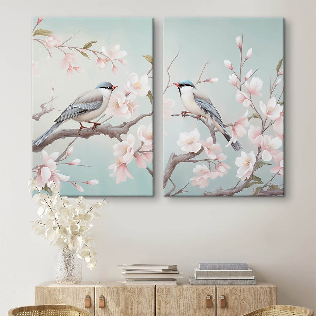 Couple of birds on a branch with flowers Couple of birds on a branch with flowers