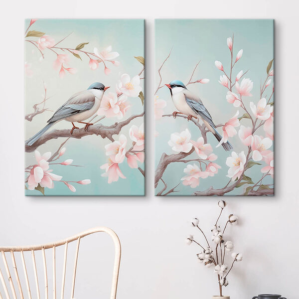 Couple of birds on a branch with flowers Couple of birds on a branch with flowers