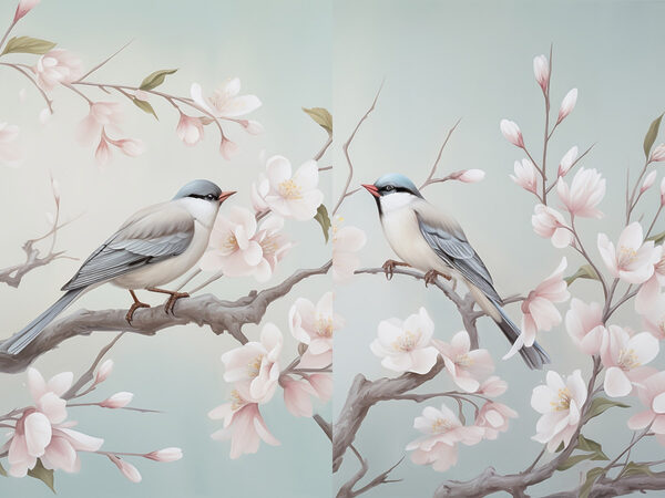 Couple of birds on a branch with flowers Couple of birds on a branch with flowers