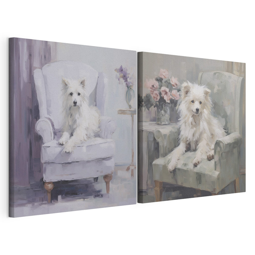 Painting of a dog sitting on a chair Painting of a dog sitting on a chair