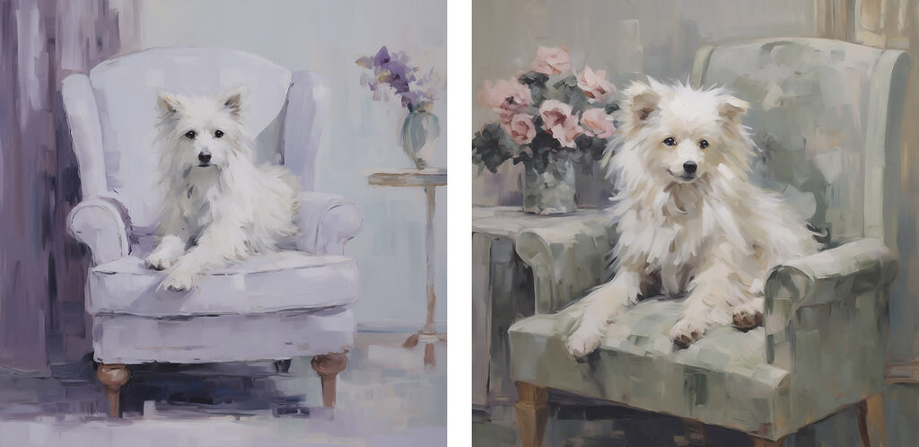 Painting of a dog sitting on a chair Painting of a dog sitting on a chair