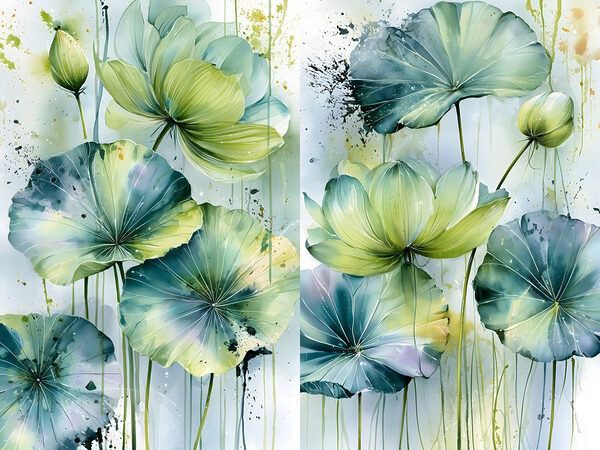 Painting of flowers with green leaves Painting of flowers with green leaves