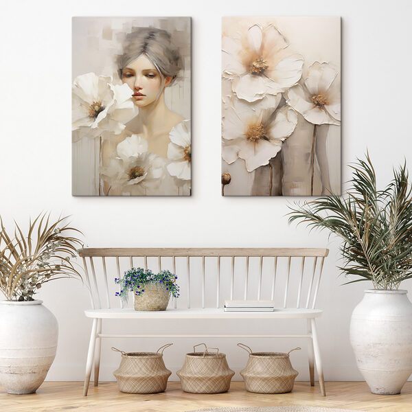 Painting of a woman with white flowers Painting of a woman with white flowers
