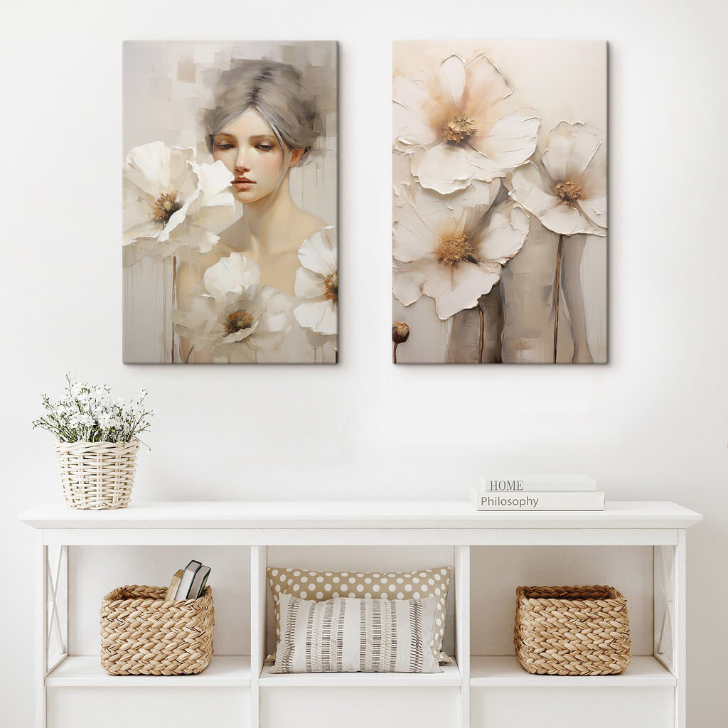 Painting of a woman with white flowers Painting of a woman with white flowers