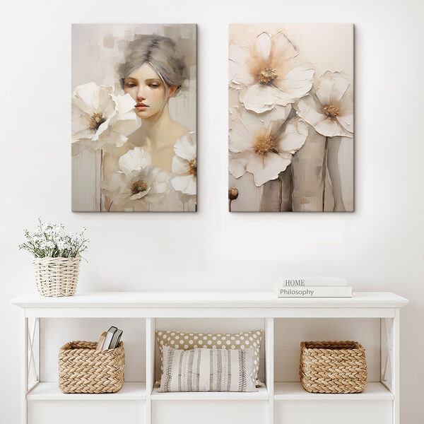 Painting of a woman with white flowers Painting of a woman with white flowers