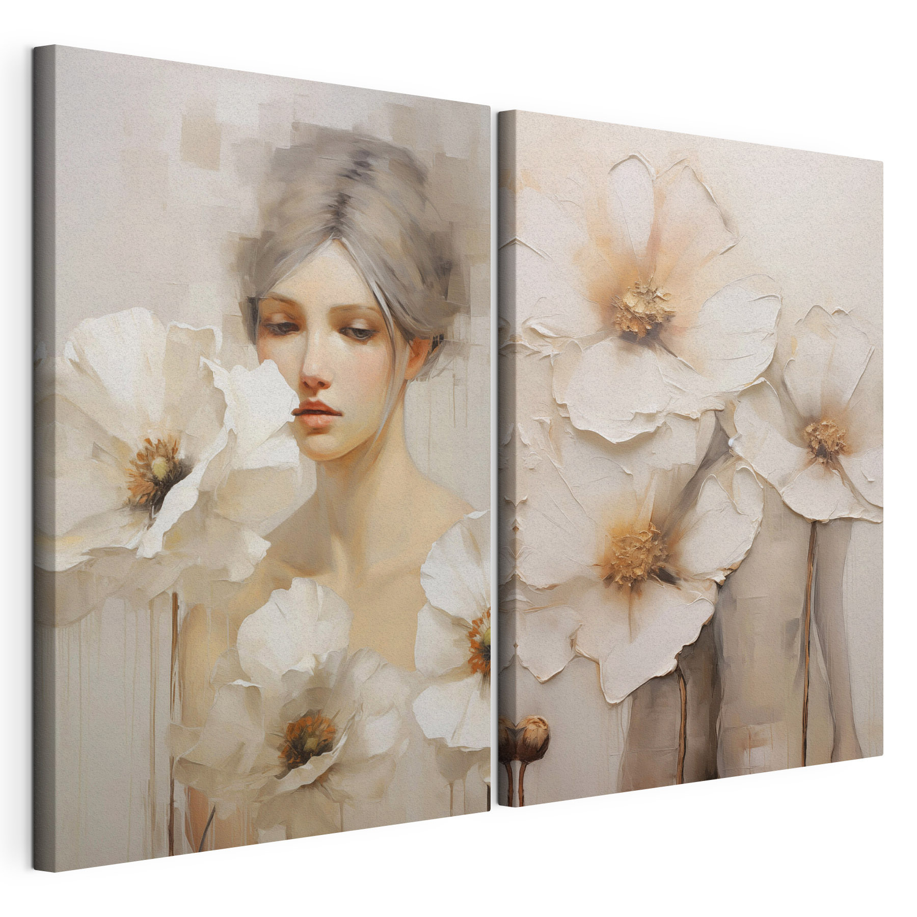 Painting of a woman with white flowers Painting of a woman with white flowers
