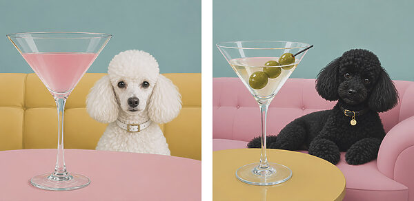 Dog sitting at a table with a martini glass Dog sitting at a table with a martini glass