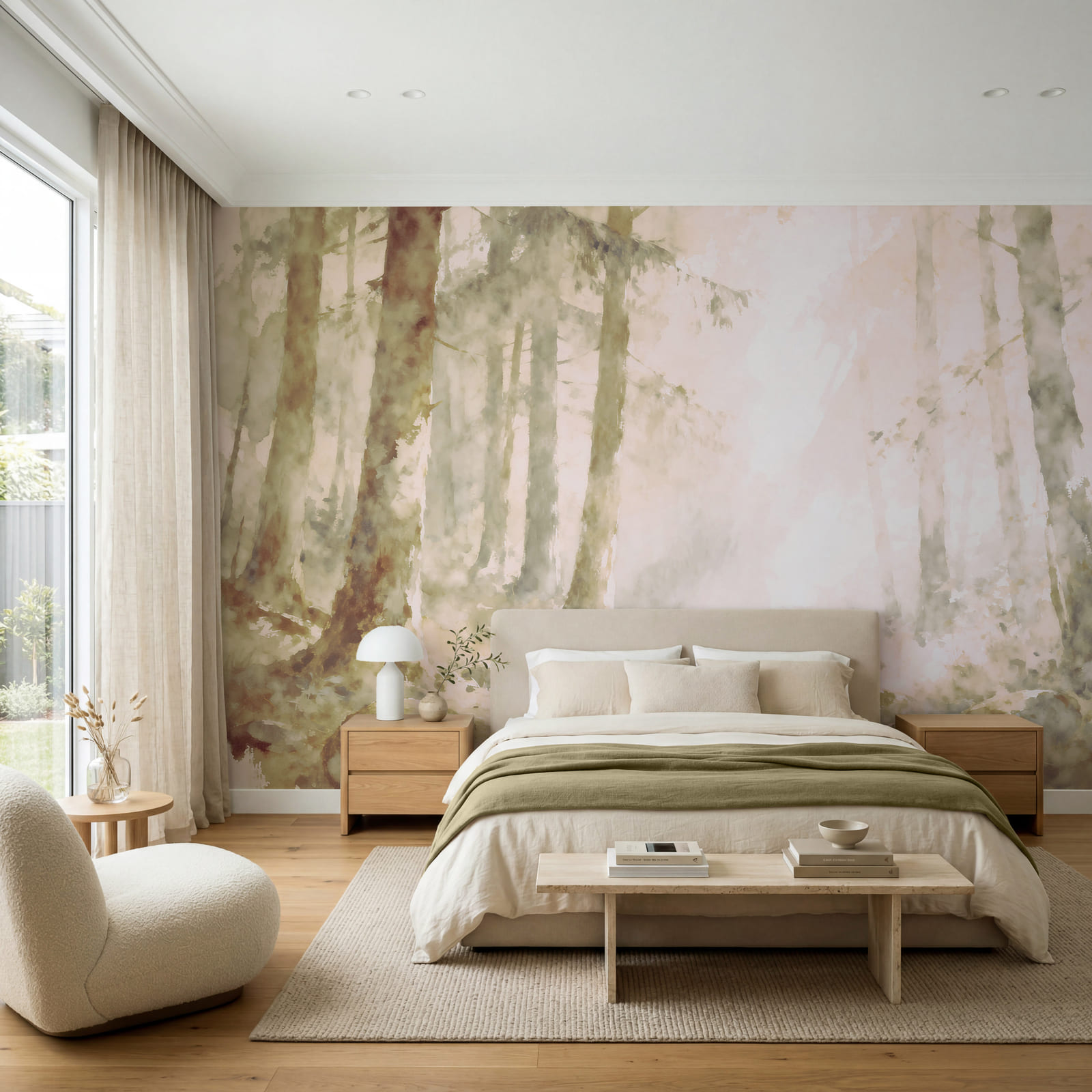 Акварельний пейзаж із зображенням річки, скель і дерев Акварельний пейзаж із зображенням річки, скель і дерев