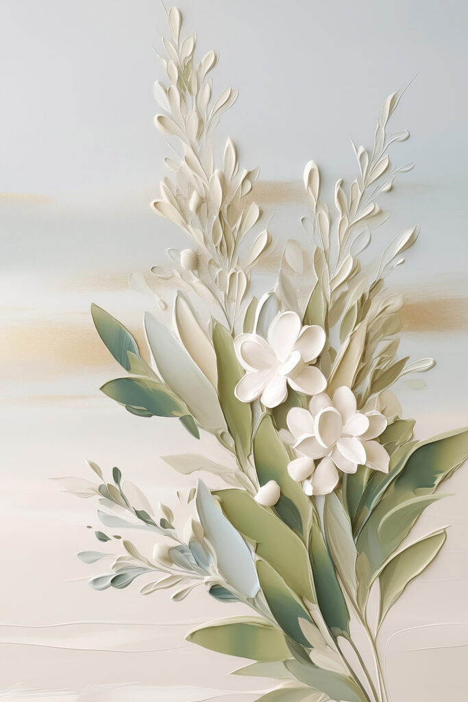 White flowers and leaves on a white surface White flowers and leaves on a white surface