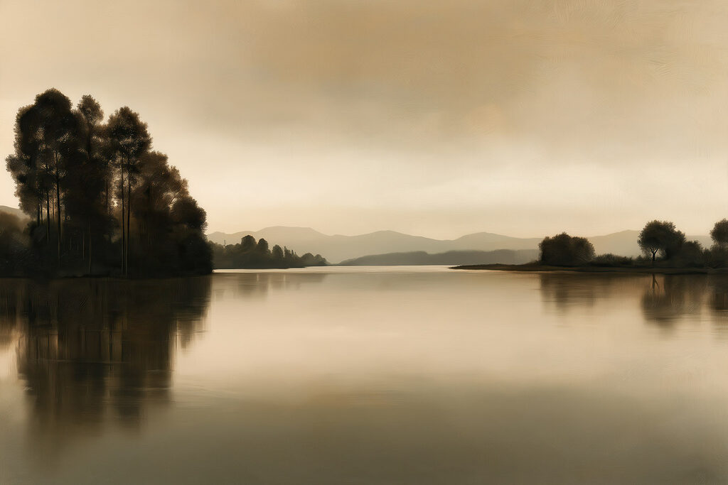 Lake with trees and mountains in the background