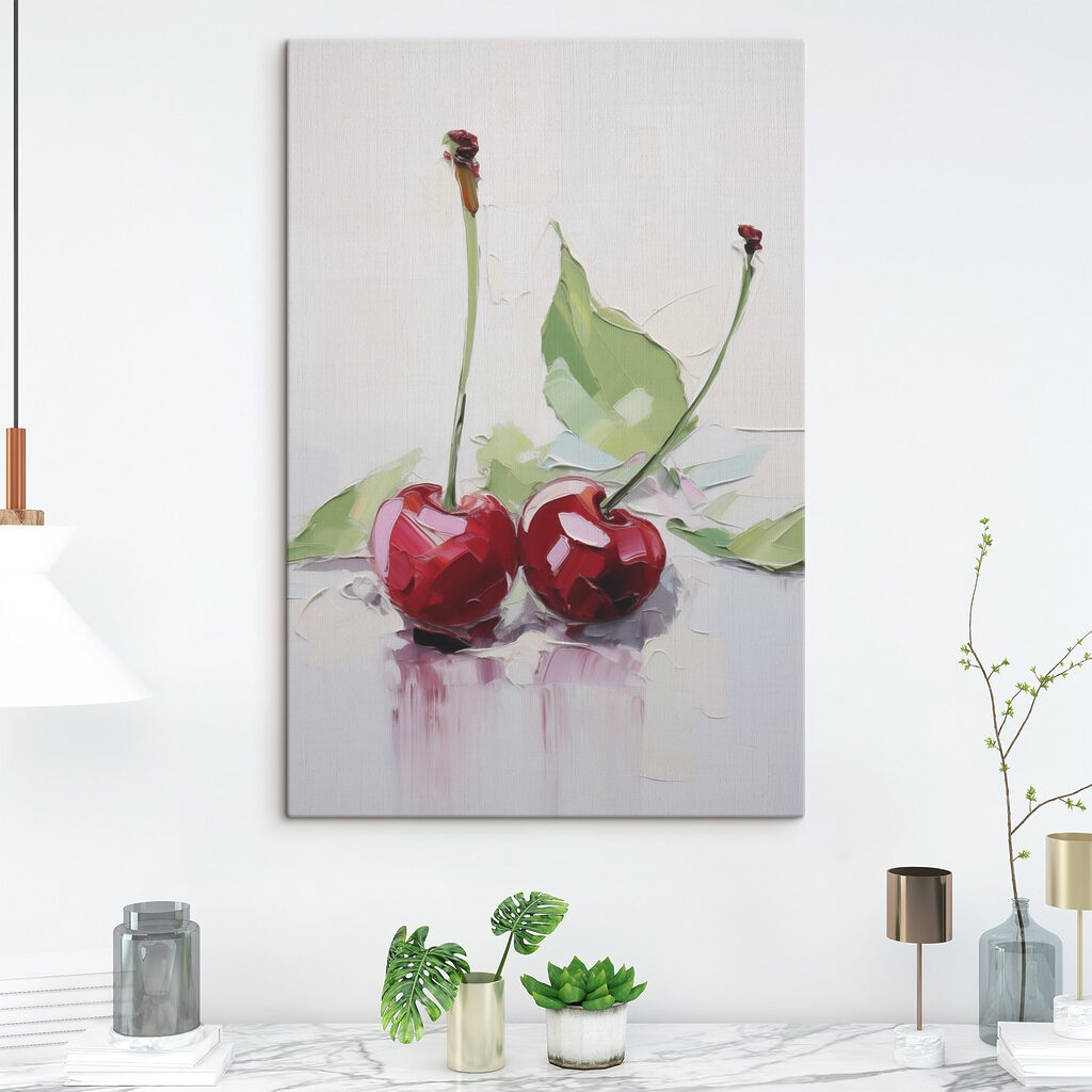 Painting of cherries with leaves Painting of cherries with leaves