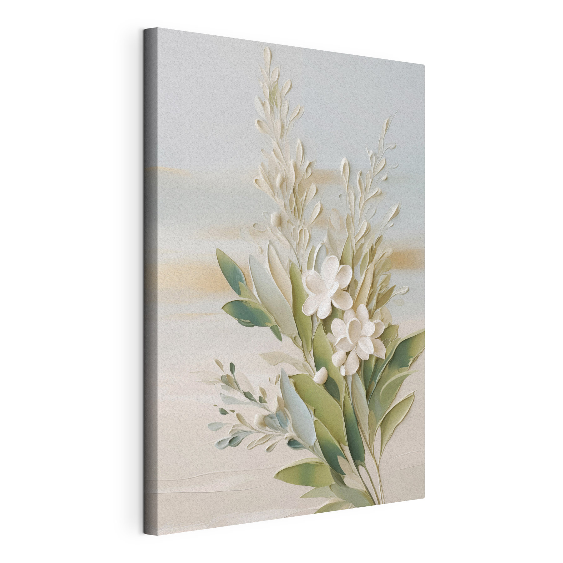 White flowers and leaves on a white surface White flowers and leaves on a white surface