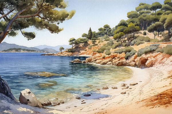 Watercolor painting of a beach with trees and rocks Watercolor painting of a beach with trees and rocks