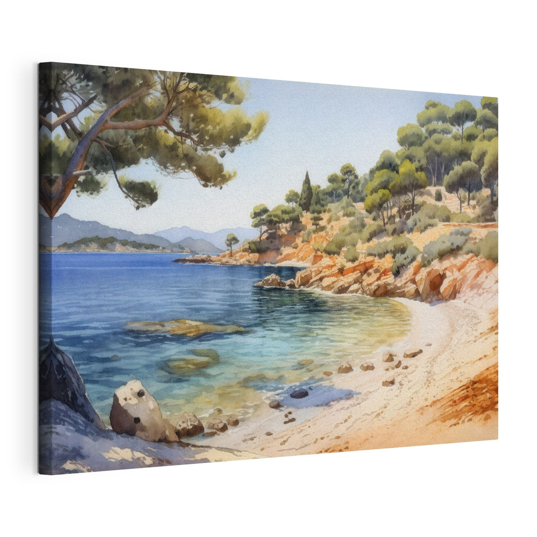 Watercolor painting of a beach with trees and rocks Watercolor painting of a beach with trees and rocks