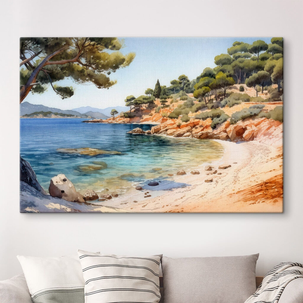 Watercolor painting of a beach with trees and rocks Watercolor painting of a beach with trees and rocks