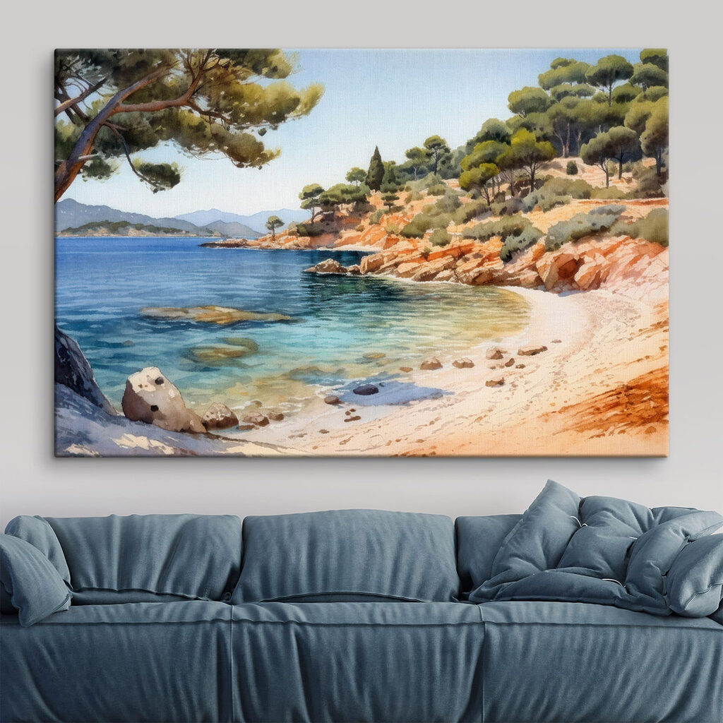 Watercolor painting of a beach with trees and rocks Watercolor painting of a beach with trees and rocks