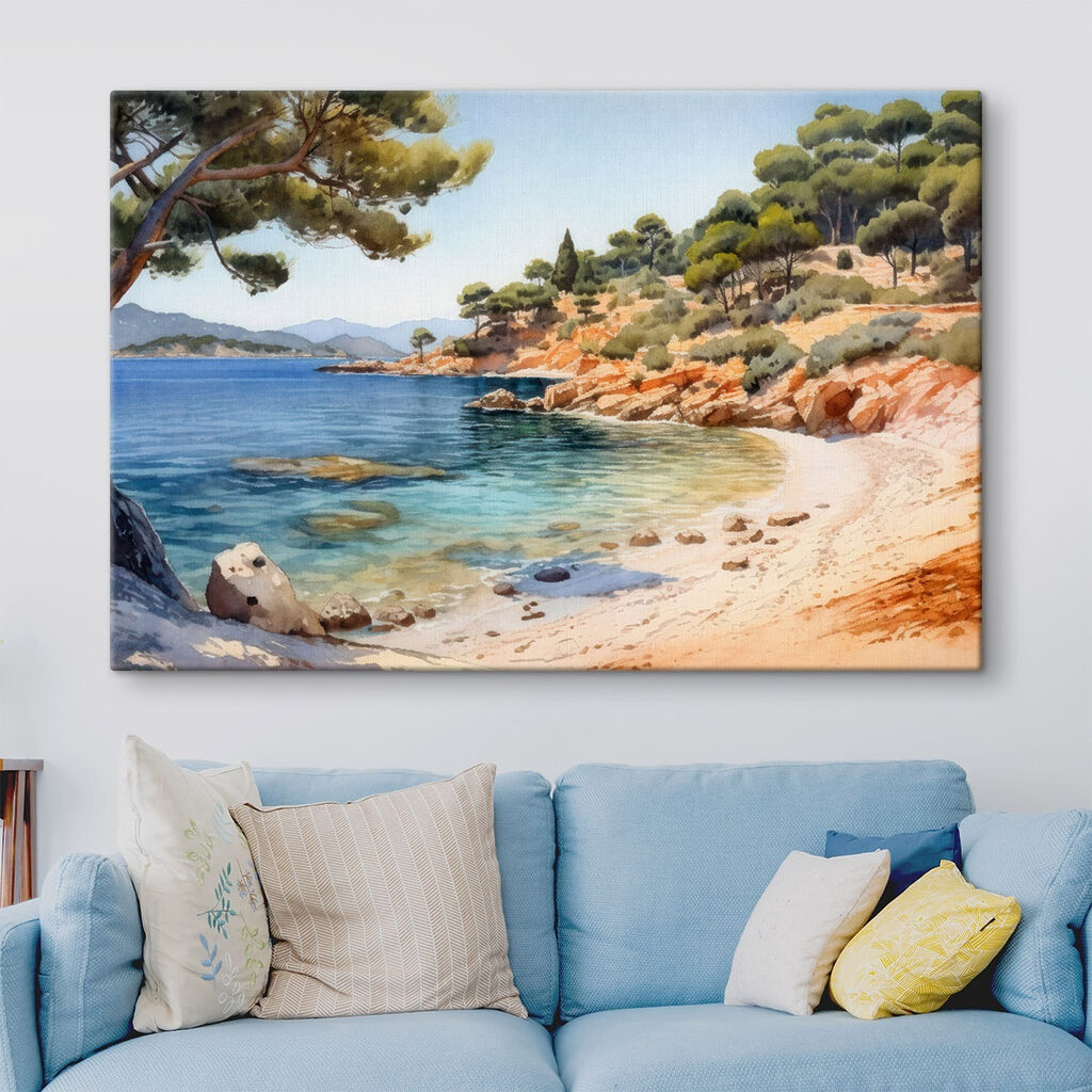 Watercolor painting of a beach with trees and rocks Watercolor painting of a beach with trees and rocks