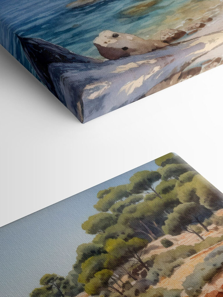 Watercolor painting of a beach with trees and rocks Watercolor painting of a beach with trees and rocks