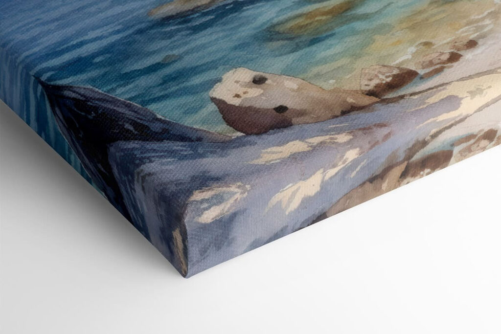 Watercolor painting of a beach with trees and rocks Watercolor painting of a beach with trees and rocks