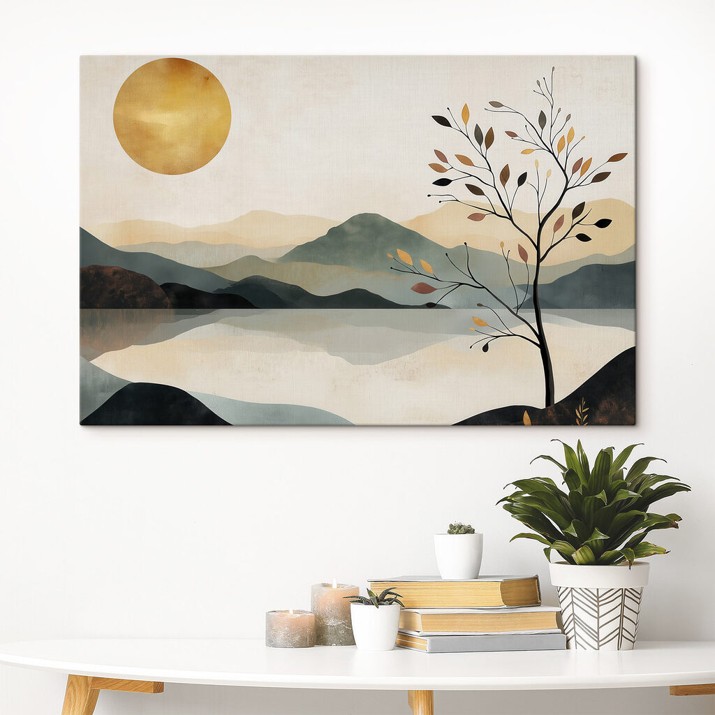 Tree and a lake with mountains and sun Tree and a lake with mountains and sun