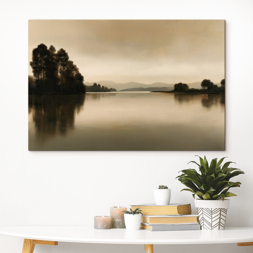 Lake with trees and mountains in the background