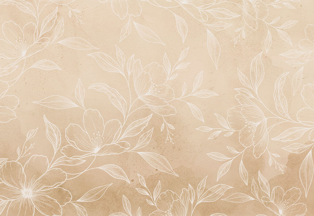White flowers and leaves on a beige background