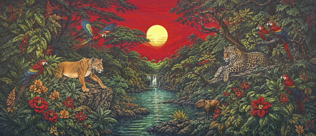 Painting of a river with a waterfall and a tiger Painting of a river with a waterfall and a tiger