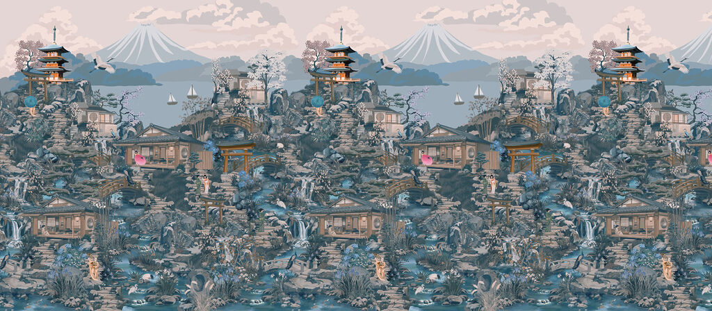 Фотошпалери Пейзаж із будівлями та горою (Артикул: t01062v2)