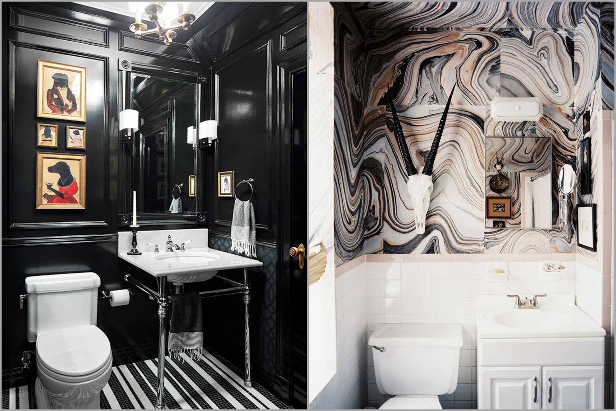 креативний дизайн туалету з фотошпалерами та без