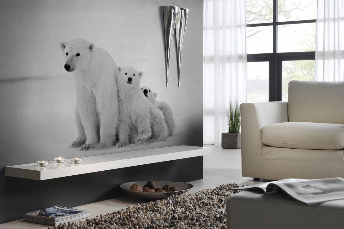 інтер'єр в стилі мінімалізм з фотошпалерами ведмеді