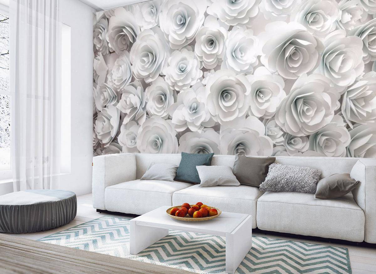 шпалери з 3д трояндами в інтер'єрі вітальні