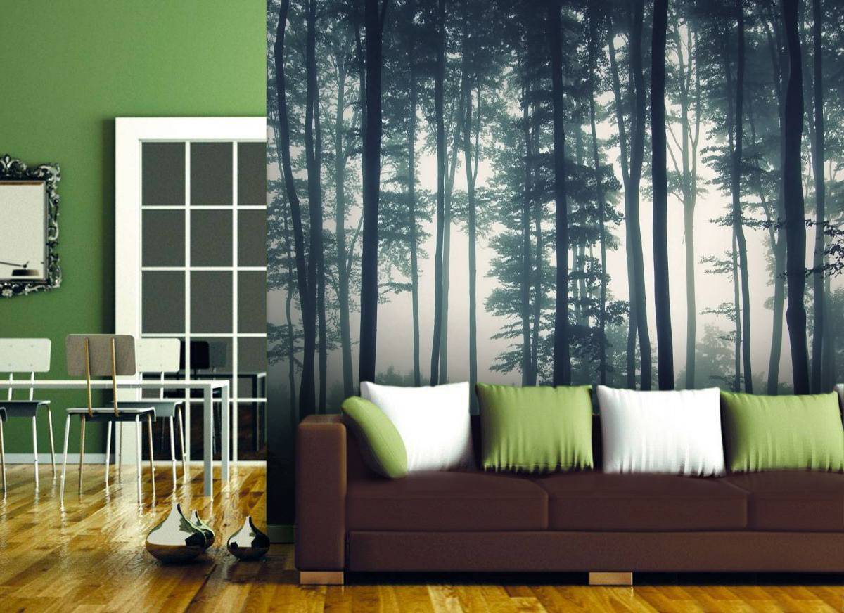фотошпалери ліс в інтер'єрі вітальні