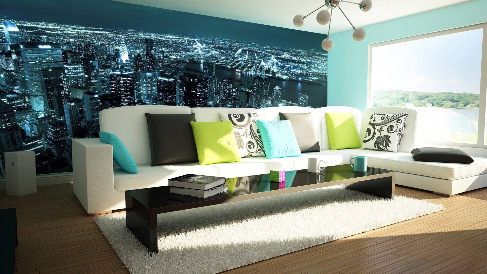 фотошпалери з нічним містом в інтер'єрі вітальні