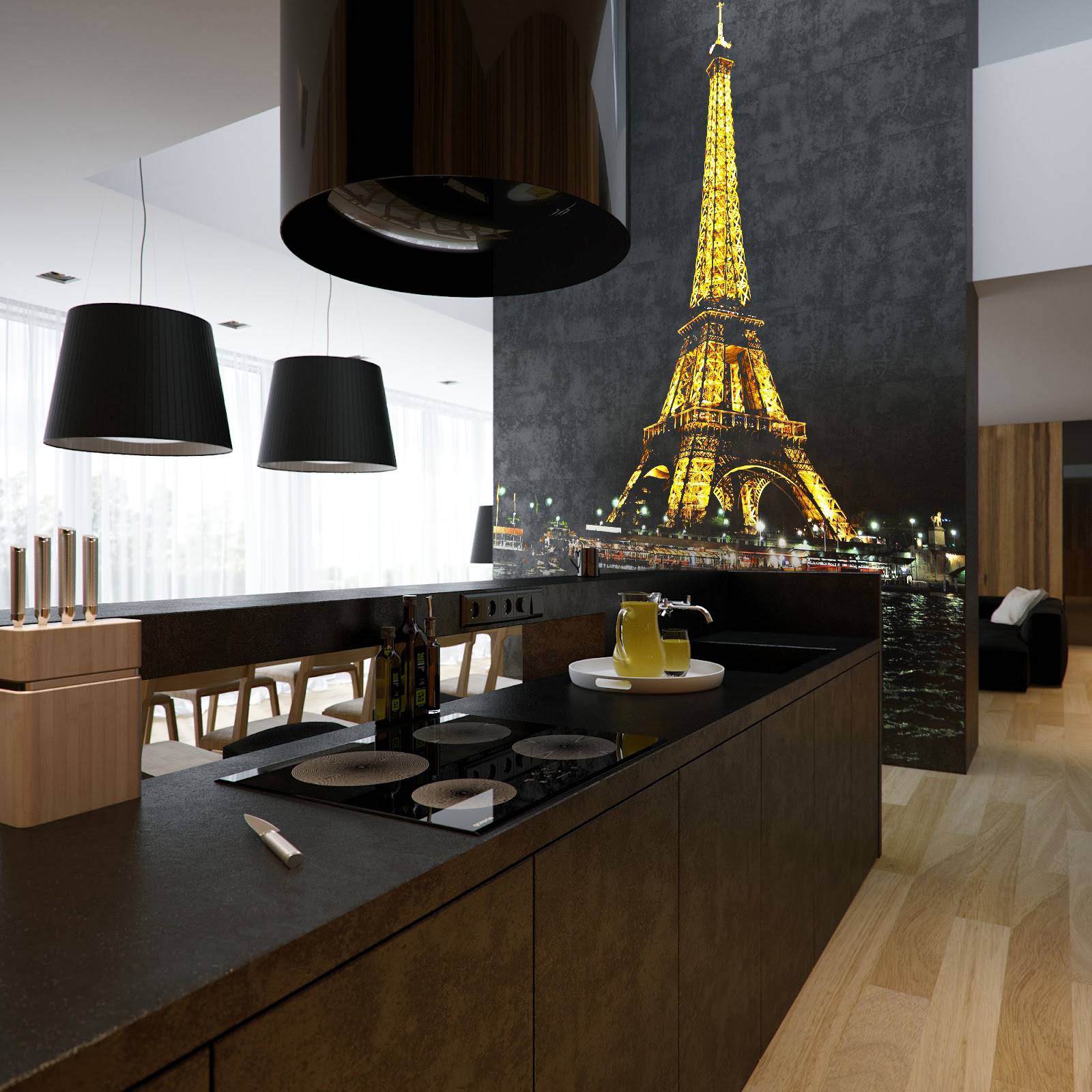 інтер'єр кухні в стилі мінімалізм з фотошпалерами