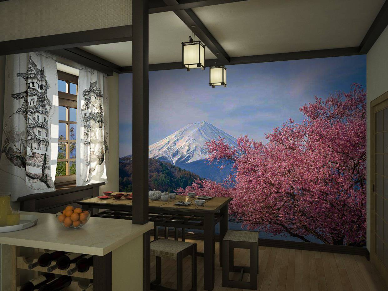 інтер'єр кухні в японському стилі з фотошпалерами