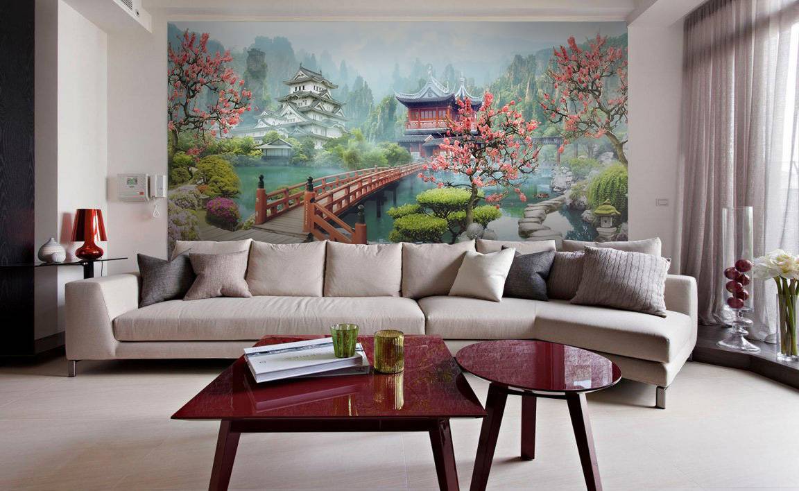 інтер'єр вітальні в японському стилі з фотошпалерами