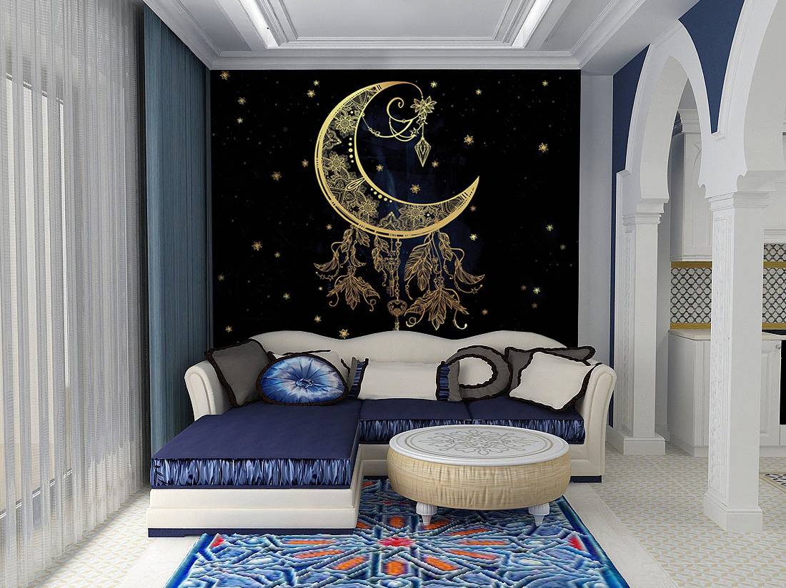 інтер'єр вітальні з фотошпалерами схід