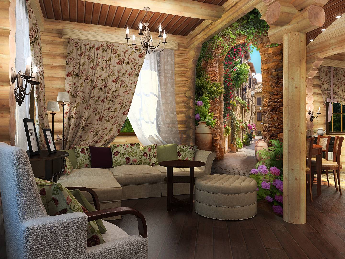 інтер'єр в стилі кантрі з фотошпалерами