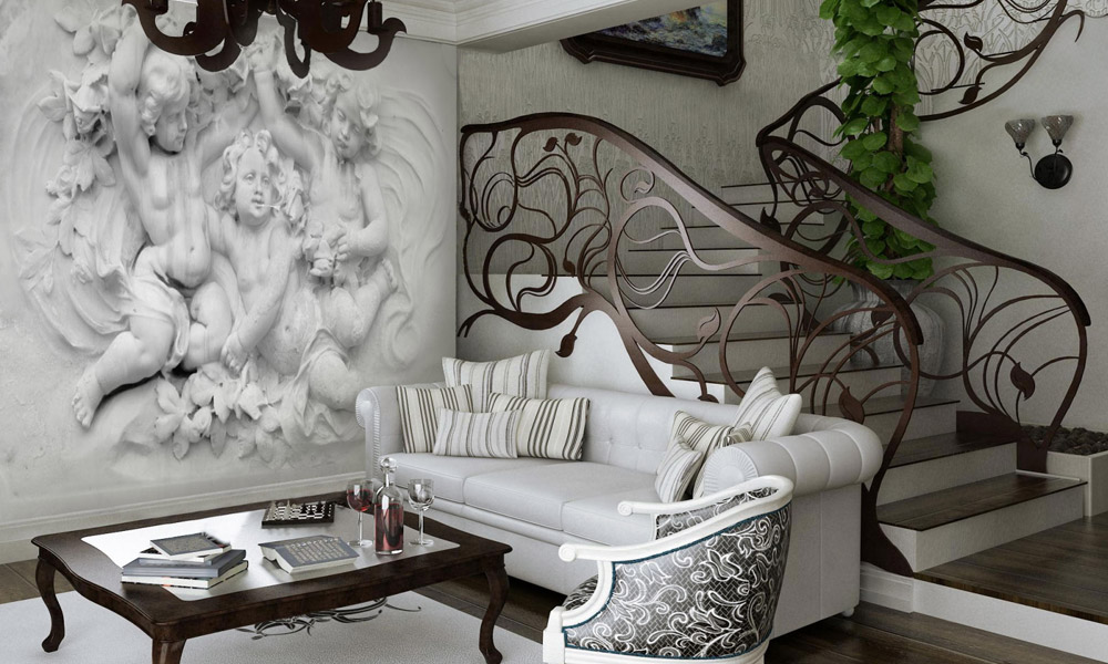 фотошпалери з ліпленням в класичному інтер'єрі